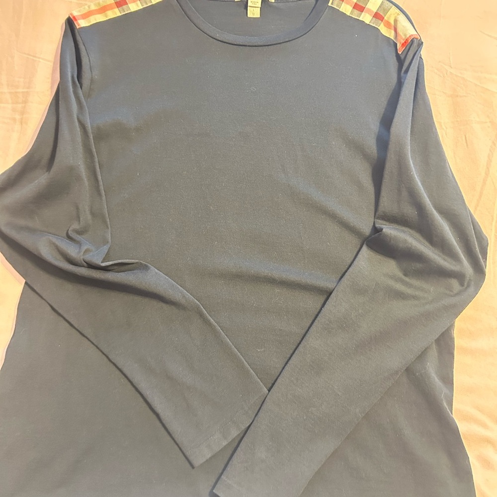 Burberry Black Long Sleeve Shirt with Plaid Shoulders